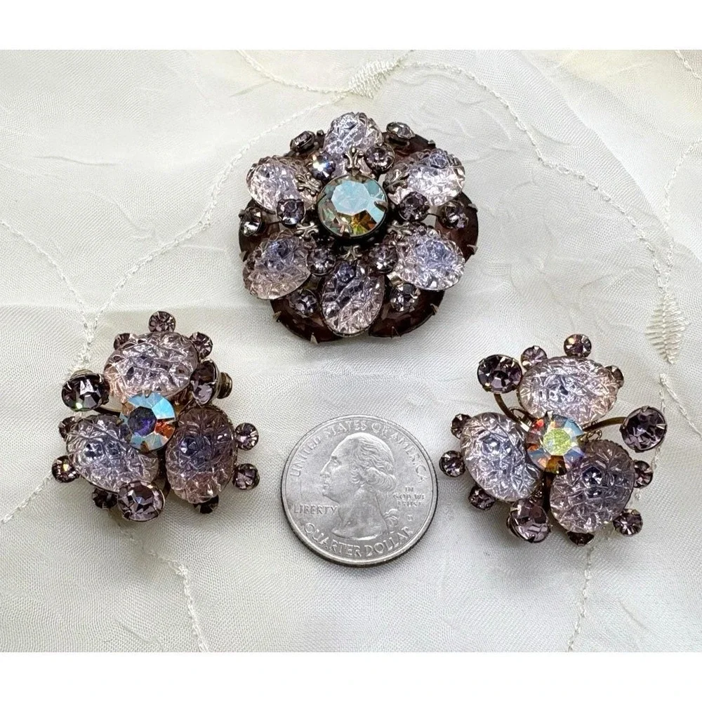 Vintage 1950s MCM Pink Lavender Rhinestone Brooch Clip On Earrings Matching‎ Set